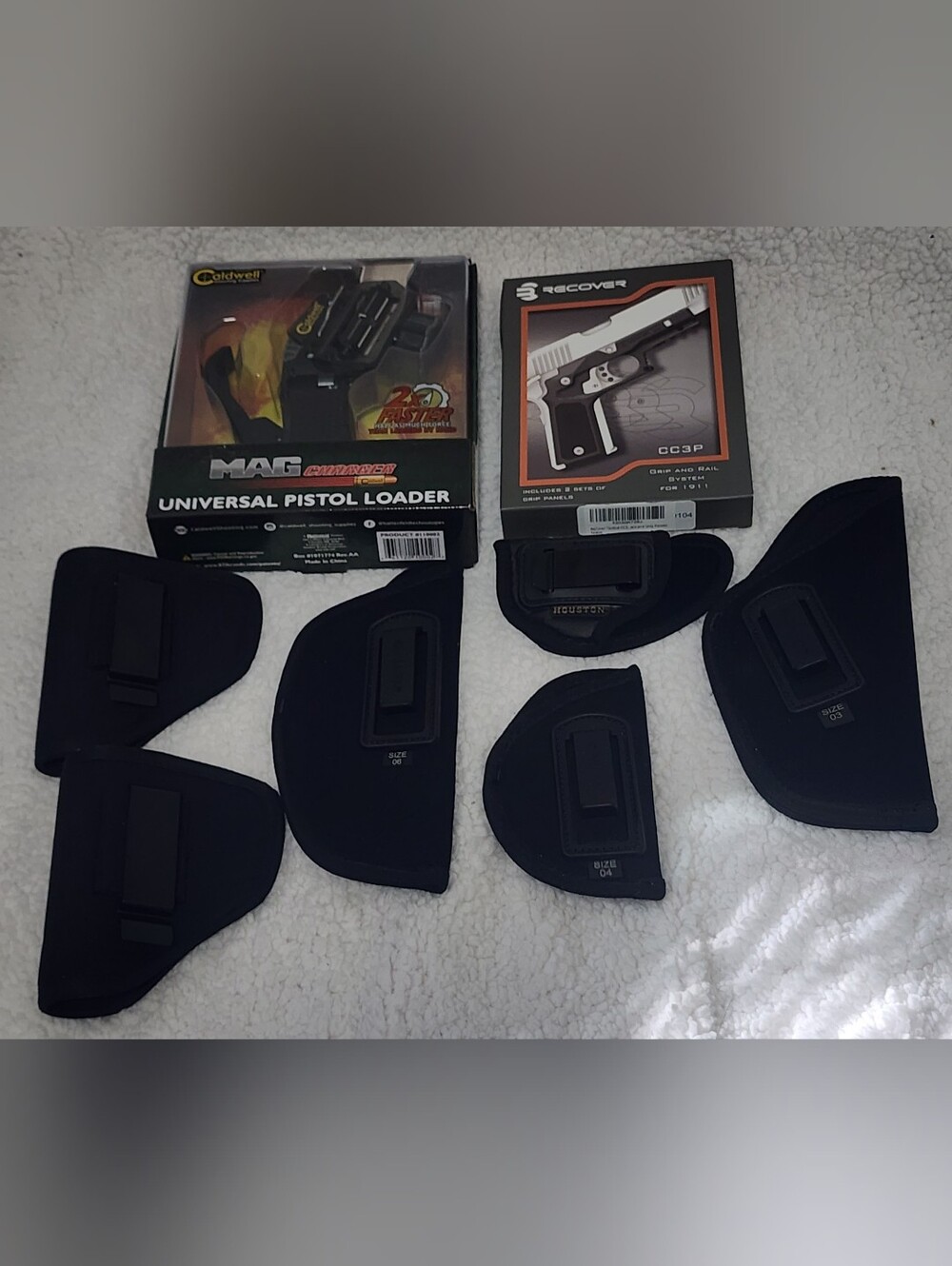 Lot of Caldwell Universal Mag Loader, 1911 Grip & Rail System, Holsters *NEW*